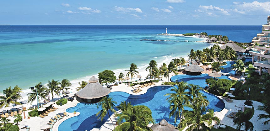 An aerial view of the inviting Fiesta Americana Grand Coral Beach Cancun Resort & Spa, which boasts Cancun’s best beach.