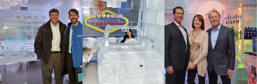 MGM’s Minus5 Ice Lounges creatively showcase corporate brands in ice: (left to right) Dell demonstrated the durability of their new notebook computers alongside their logo ice sculpture;  actual size ice Mini Cooper; and Cisco.