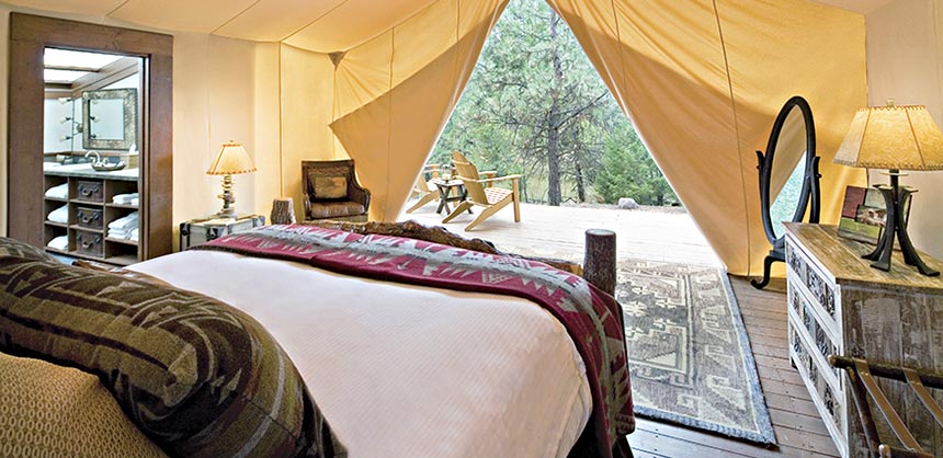 Luxury tent accommodations at Paws Up Resort in Montana.