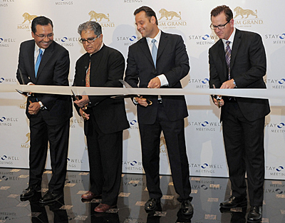 At the ribbon-cutting ceremony (left to right) were MGM Resorts Sr. V.P. of Hotel Sales Mike Dominguez; Deepak Chopra, Delos Founder Paul Scailla.