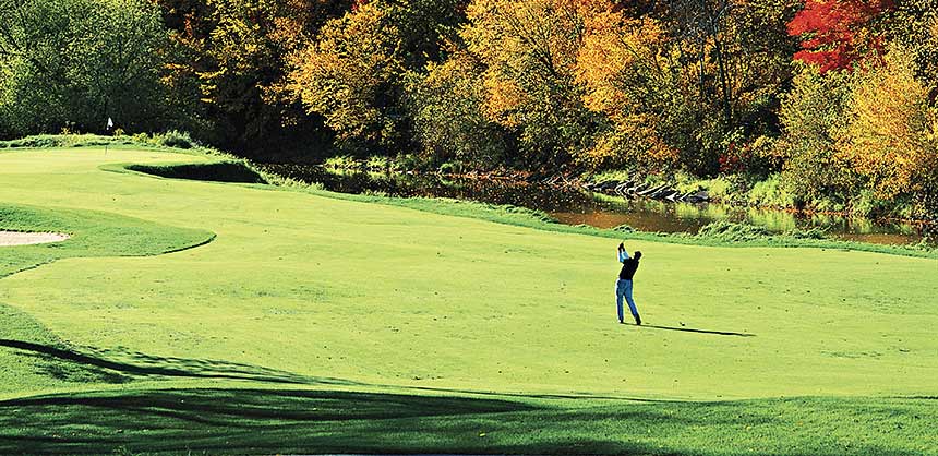 The 11th hole at the River Course at Blackwolf Run, Kohler, Wisconsin, one of the two award-winning golf destinations associated with The American Club. Credit: Kohler Company