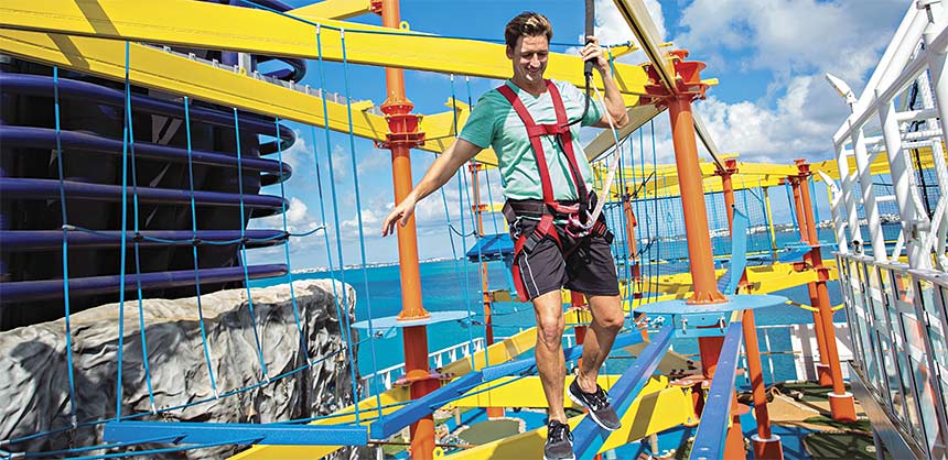 Norwegian’s first-ever ropes course has more than 40 different elements, including a zip track and the Plank, a platform that extends 8 feet over the side of the ship.