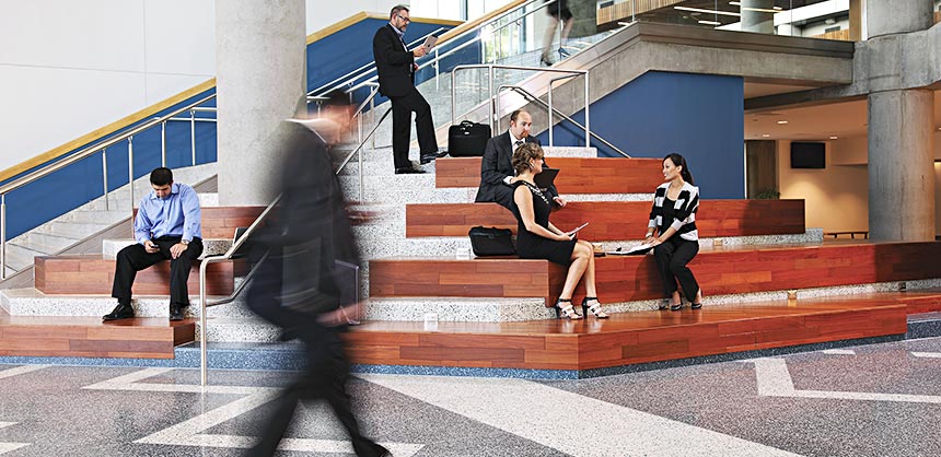 Planner input helped designers create lobby networking areas such as these sit steps at the San Jose McEnery Convention Center.