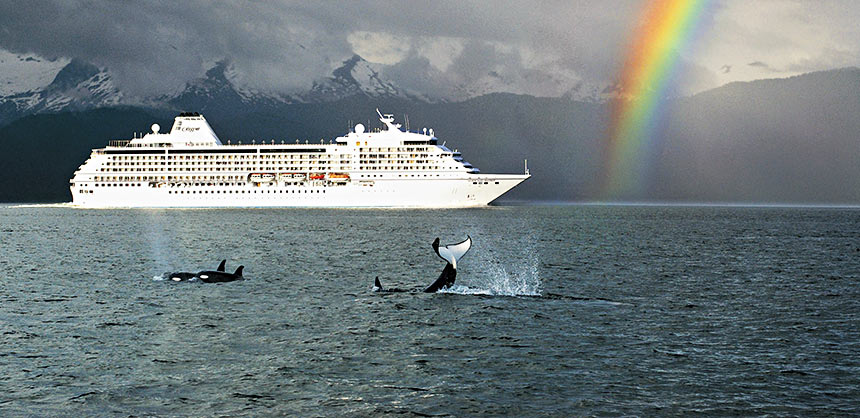 Guests on the all-suite, all-balcony Seven Seas Mariner in Alaska watch frolicking Orca whales. The Regent Seven Seas Cruises ship was fully refurbished in 2014.
