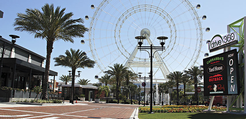I-Drive 360, Orlando’s new entertainment destination, is located on Orlando’s popular International Drive. The Orlando Eye’s 400-foot observation wheel is the centerpiece of the complex, which features attractions, restaurants, clubs and shops.