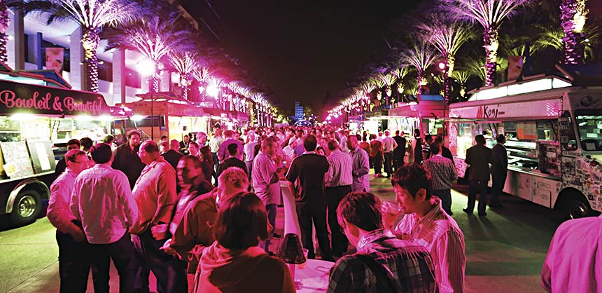 Microsoft’s annual xDM meeting staged its food-truck welcome reception at Anaheim Convention Center’s Grand Plaza. Credit: Filmateria Digital LLC