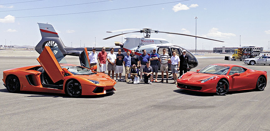 Billy Ford, S.V.P., Kemira Chemicals Inc., takes his Pinnacle Award winners to Las Vegas’ Exotics Racing where they drive supercars at triple-digit speeds and then has Maverick Aviation copters swoop in to take them for a trip to the Grand Canyon for a WOW incentive. Credit: Kemira Chemicals Inc.