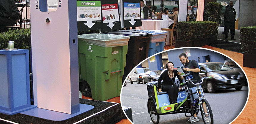 Paul Salinger (l), vice president of marketing for Oracle, and Jeff Chase, vice president, sustainability for Freeman, at the 2014 Oracle OpenWorld conference in San Francisco. Oracle’s mission is to hold “the most sustainable conference in the world.” Credits: Shawna McKinley
