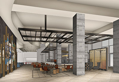 A rendering of the Hilton Austin lobby.