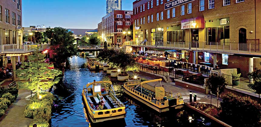 Bricktown, the entertainment district just east of downtown Oklahoma City, includes the Chickasaw Bricktown Ballpark, the navigable Bricktown Canal and much more. Credit: Oklahoma City Convention and Visitors Bureau