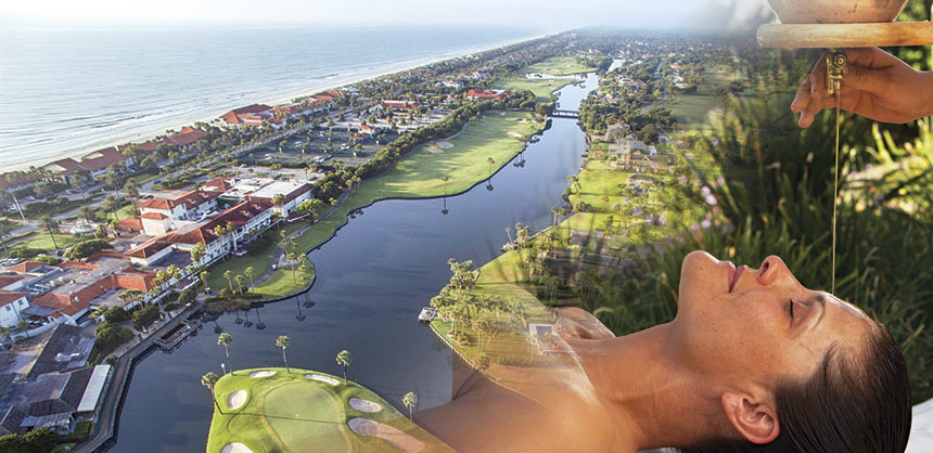 An aerial view of Ponte Vedra Inn & Club’s famous “Island 9th” hole; and a shirodhara treatment at Spa at the Boulders Resort & Spa — a 33,000-sf award-winning luxury spa.