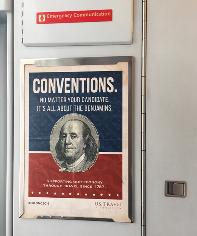 U.S. Travel has placed ads extolling the economic value of the political conventions in Amtrak Acela trains in the Northeast corridor.