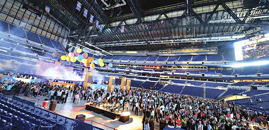A corporate group event on the field at Lucas Oil Stadium, home of the NFL’s Indianapolis Colts. Credit: Visit Indy