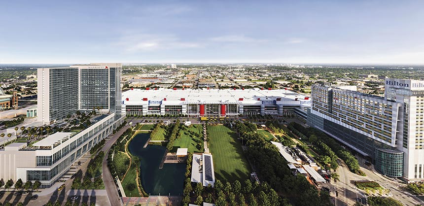 The George R. Brown Convention Center, overlooking Discovery Green, is connected to the new Marriott Marquis (left) and Hilton Americas-Houston.