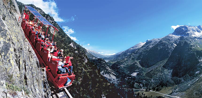 The Gelmer funicular, the steepest cable railroad in the world with its 106 percent gradient, takes guests up to the picturesque Lake Gelmer in the Bernese Oberland region in Switzerland. Credit: Switzerland Convention & Incentive Bureau