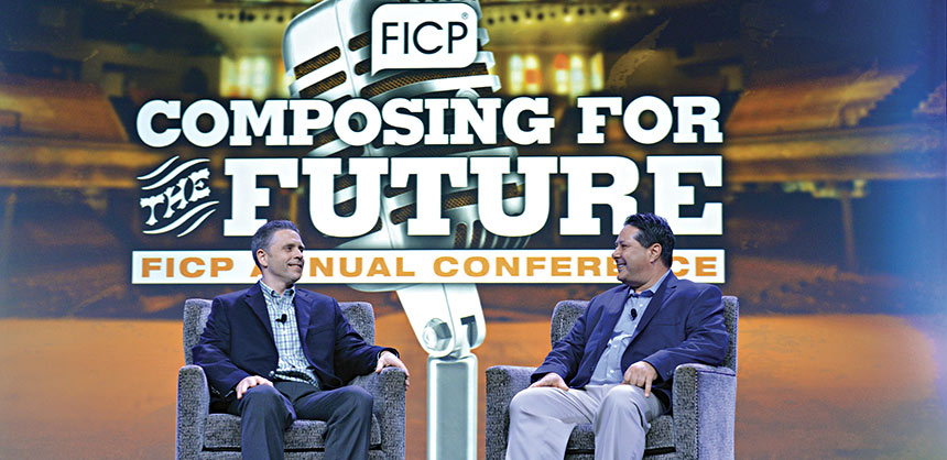 Incoming FICP Chair Joe Scully (left), John Hancock Financial Services, and FICP Executive Director Steve Bova during a "talk show" at the closing general session.