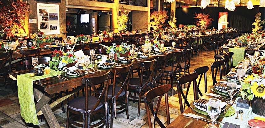 Table settings in the Marine Mammal Hall for the Site Classic event hosted by the Monterey Bay Aquarium. Credit: © Monterey Bay Aquarium