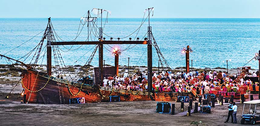 Constructing a custom-built galleon for a spectacular closing night event on the beach in Los Cabos was no mean feat for ITA Group and Terramar. Credit: ITA Group