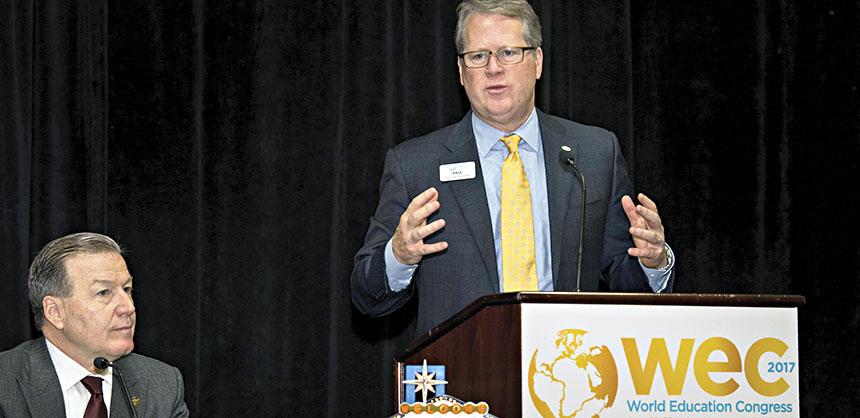 Paul Van Deventer speaking at the MPI Media Briefing and Breakfast at WEC 2017 with MPI Chair/ConferenceDirect CEO Brian Stevens. Credit: Orange Photography