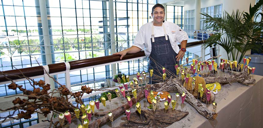 Marcel Martinez, executive chef at Greater Fort Lauderdale/Broward County Convention Center with his beach-themed display.