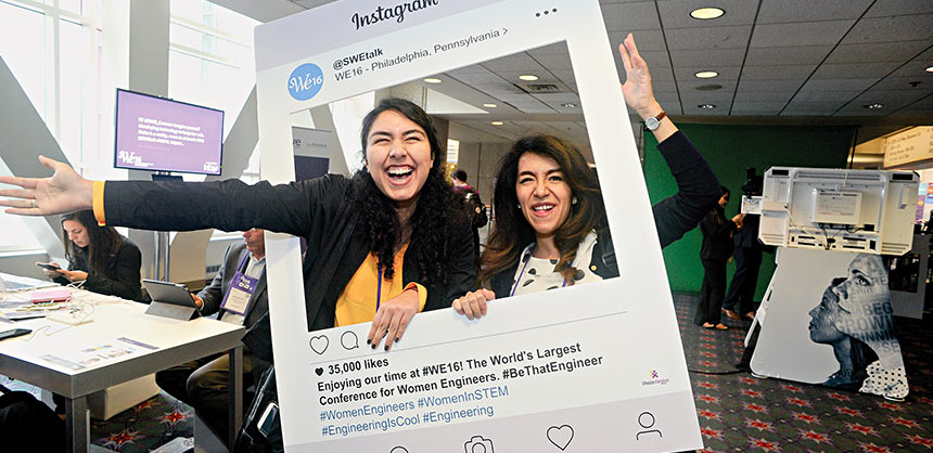 Connecting in the social media lounge at the Society at the Women Engineers' WE 16. Credit: SWE