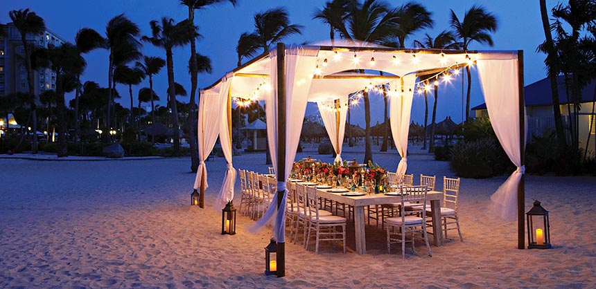 All is well on Aruba, where the Marriott Resort & Stellaris Casino boasts beautiful island event setups on the expansive beach.