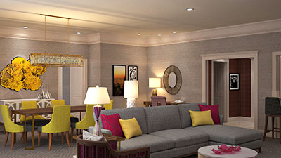 Beau Chene living room, one of the lavishly renovated spaces at Beau Rivage.