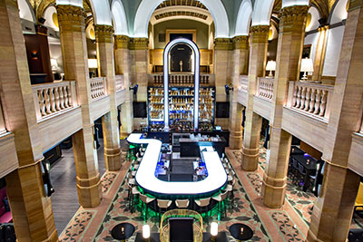 Renovated living room viewed from above.