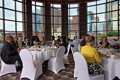 Event space with view of the city. Credit: photo by Dan Anderson, Courtesy of Meet Minneapolis and the Minneapolis Convention Center