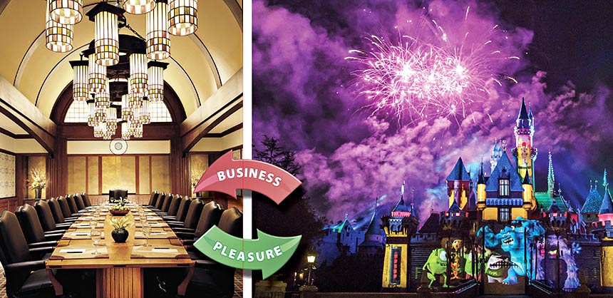 It’s all business in the boardroom at Disney’s Grand Californian Hotel & Spa. (Right) “Together Forever – A Pixar Nighttime Spectacular” lights up the sky over Disneyland Park. Credits: Disneyland Resort