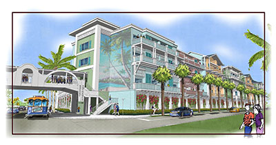 Rendering of the new Margaritaville — view from Estero and Crescent.