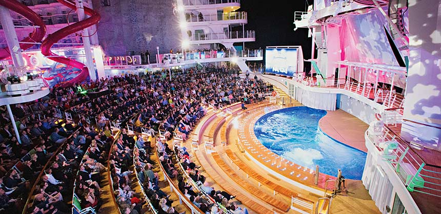 Launch of Symphony of the Seas, Royal Caribbean International's newest and largest ship. The Aqua Theatre at night.
