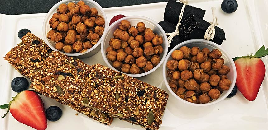 The “Little Pick-Me -Up” is a popular plate with attendees at the Halifax Convention Centre. It has almond and quinoa energy bars, fruit leather and spicy chickpeas. Credit: Halifax Convention Centre