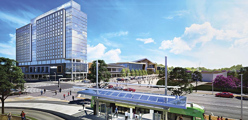 New developments in Oklahoma City include a $288 million convention center, opening in 2020 (inset top), and the Omni Oklahoma City Hotel, set to open in early 2021 (inset bottom). A new streetcar system will link these venues to the downtown district. Credit: Oklahoma City Convention & Visitors Bureau