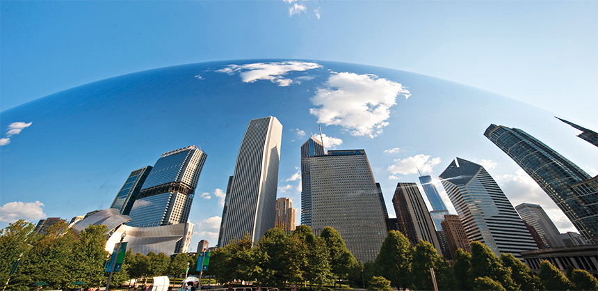  The Chicago skyline is reflected on the Cloud Gate sculpture — more commonly known as ‘The Bean’ — at Chicago’s Millennium Park.