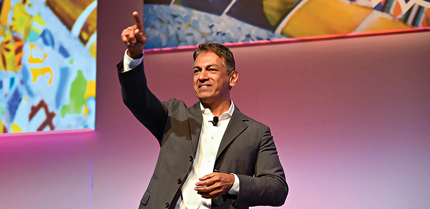 Sherrif Karamat, CAE president and CEO of the Professional Convention Management Association (PCMA), addresses the audience at the 2019 European Influencers Summit in Barcelona, Spain.
