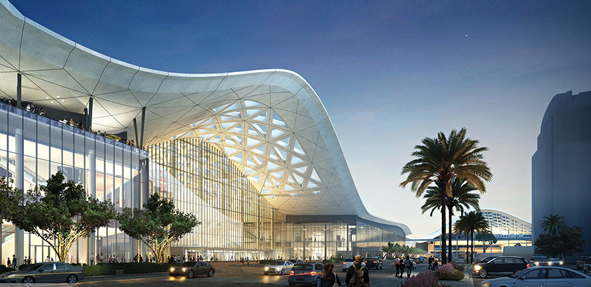 Las Vegas Convention Center The new West Hall will provide 600,000 square feet of trade show exhibit space as well as an additional 150,000 square feet of meeting room space. The first application of an underground transportation system will move passengers conveniently throughout the campus via electric vehicles