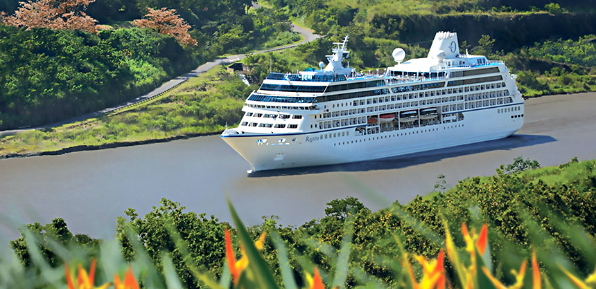 Oceania Cruises’ Regatta pictured in the Panama Canal. The 684-passenger ship was reimagined last year, with updated amenities throughout. The ship features four open-seating restaurants, the Aquamar Spa + Vitality Center, eight lounges and bars, a casino and 342 suites.