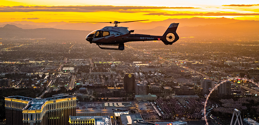 Attendees can enjoy a helicopter tour over the Las Vegas Strip at sunset, one of hundreds of activities offered that appeal to any taste. Photo via LVCVA