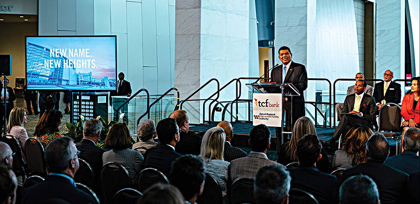 Officials speak at the TCF Center’s renaming ceremony. The center in Detroit is one of many nationwide that works with planners to help them devise carbon-neutral events. Courtesy of Claude Molinari