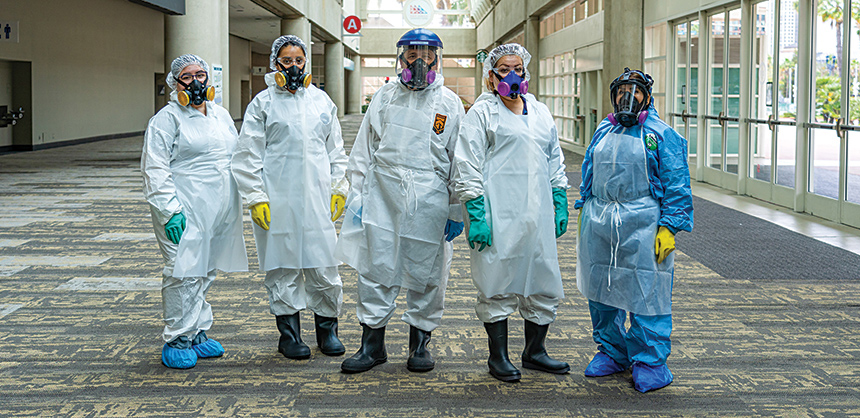 Cleaning staff at the San Diego Convention Center (SDCC) wear masks and personal protective equipment while on the job. The SDCC was one of the first venues to receive accreditation from GBAC STAR, which recognizes facilities that meet international cleanliness standards.