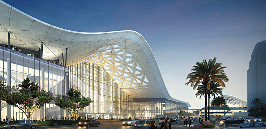 Atrium from CC Drive -- A conceptual rendering, released Sept. 11, 2018, of the Las Vegas Convention Center District Phase Two Expansion by tvsdesign / Design Las Vegas. Courtesy tvsdesign / Design Las Vegas via Las Vegas News Bureau.