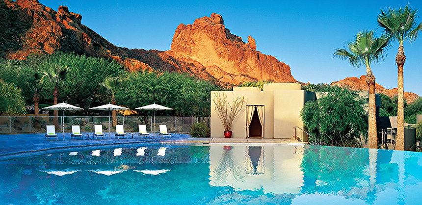 The infinity pool and lush scenery of Sanctuary Camelback Mountain Resort and Spa presents an oasis of calm and serenity.