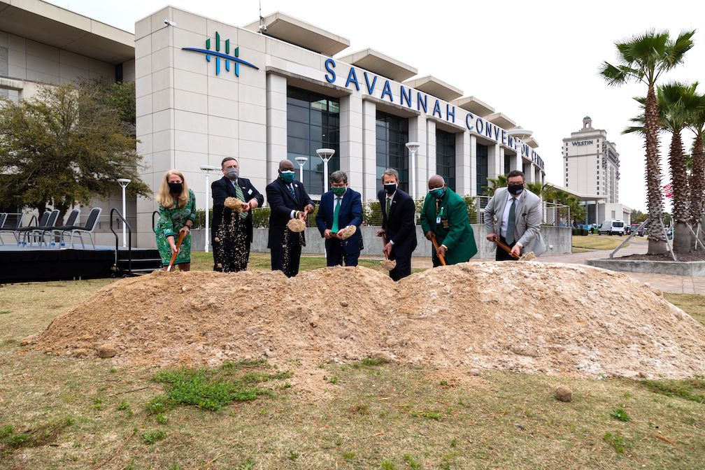 Shovels are in the ground for the expansion of the Savannah Convention Center. The expanded Convention Center will be the 72nd largest convention center in the country moving up from 153rd largest currently. Pictured: Sherri Spinks, GM, Savannah Convention Center, Joseph Marinelli, President, Visit Savannah, Van Johnson, Mayor, City of Savannah, Mark Smith, Chairman, Savannah Convention Center, Gov. Brian Kemp, Chester Ellis, Chatham County Commissioner and Michael Owens, president Tourism Leadership County.