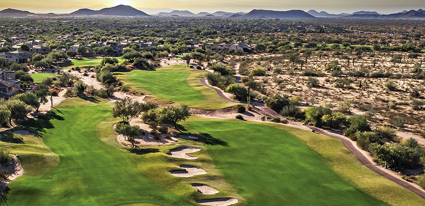 The approach to Hole 14 on The Palmer Signature Course at JW Marriott Phoenix Desert Ridge Resort & Spa.