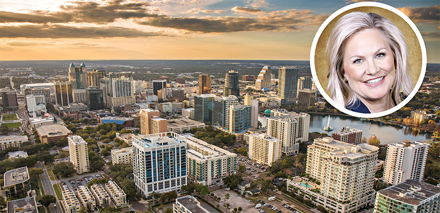 Orlando, long a top destination, is looking forward to a robust second half of the year. Inset, new CVB leader Cassandra Matej has a solid vision of how to lead the bureau out of the pandemic. Photos Courtesy of Visit Orlando