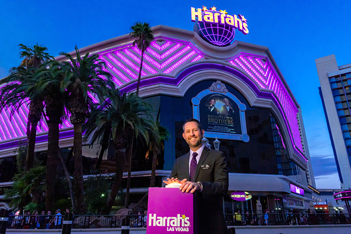 To commemorate the resort’s recent enhancements, Senior Vice President and General Manager of Harrah's Las Vegas Dan Walsh ceremoniously switched on the new purple lighting on the building’s exterior on Thursday, June 10.