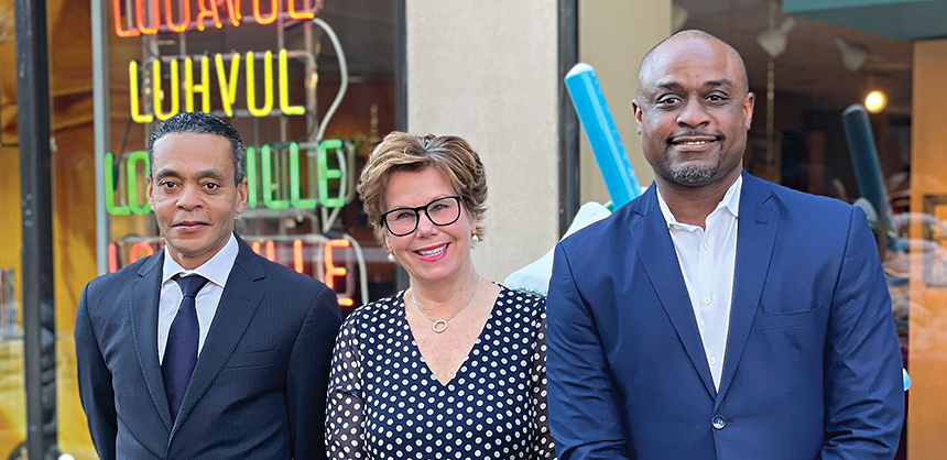 The Kentucky International Convention Center in Louisville, inset. Above, Cleo Battle, right, recently replaced Karen Williams, center, as president & CEO of Louisville Tourism. Battle says the organization created a Black Tourism Advisory Council to discuss diversity issues.