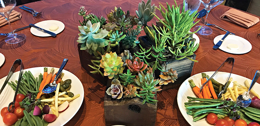 One quick sustainability trick: Use centerpieces made from live plants, pictured. Sustainability initiatives are growing in popularity in the meetings and events industry.