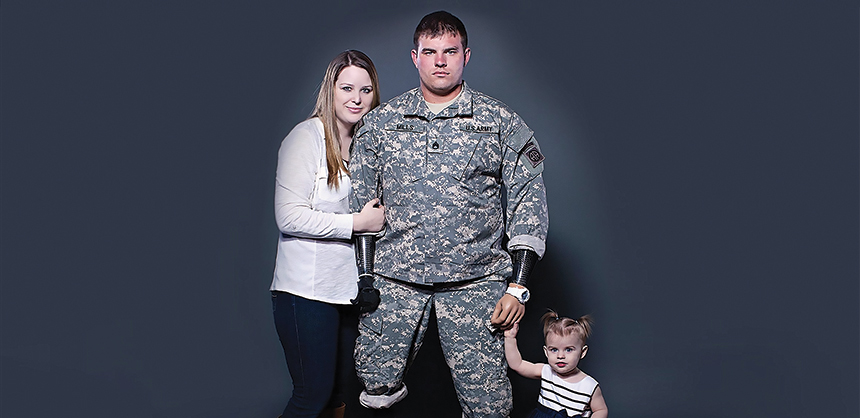Mills, who calls himself a “recalibrated warrior,” says he and his daughter Chloe “learned to walk at the same time.” Courtesy of the Travis Mills Foundation